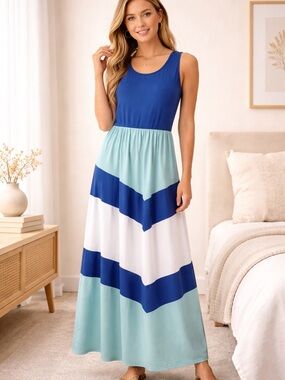 Womens Sleeveless Maxi Dress Blue Mint Chevron Colorblock Size M Beachy Resort